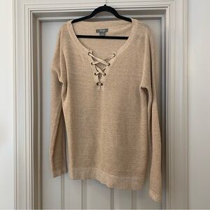 Natural Reflections Beige Lace-Up V-Neck Light Knit Beach Summer Sweater
